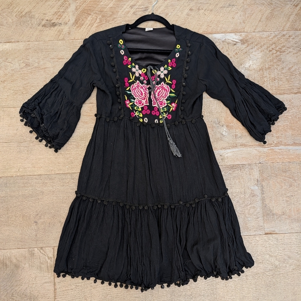 Sharifa | Black Embroidered Bohemian Tunic Dress